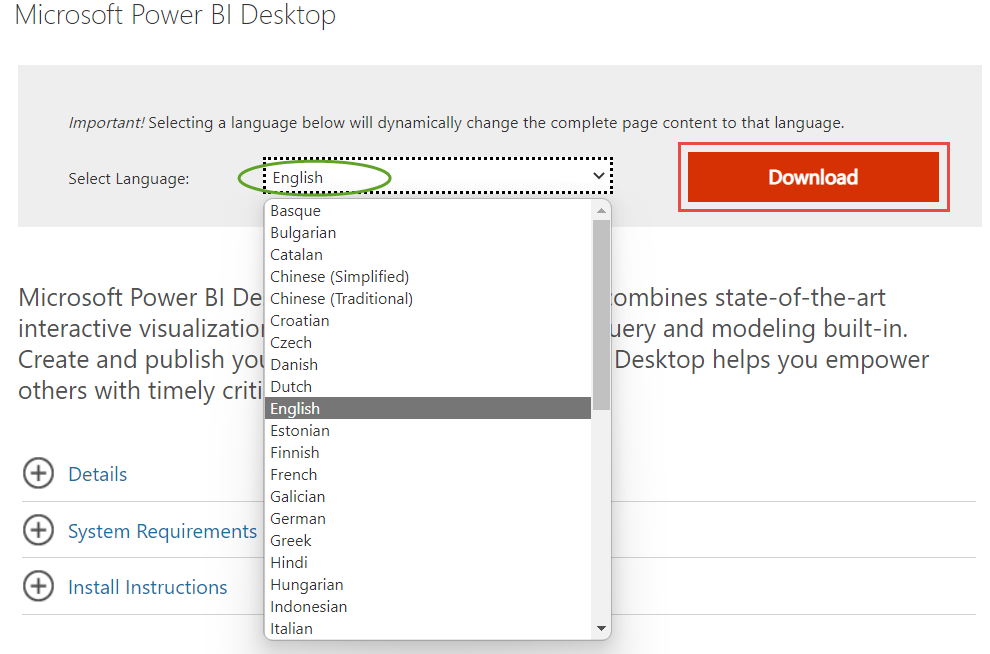 Select language and click on download to install powerbi desktop directly